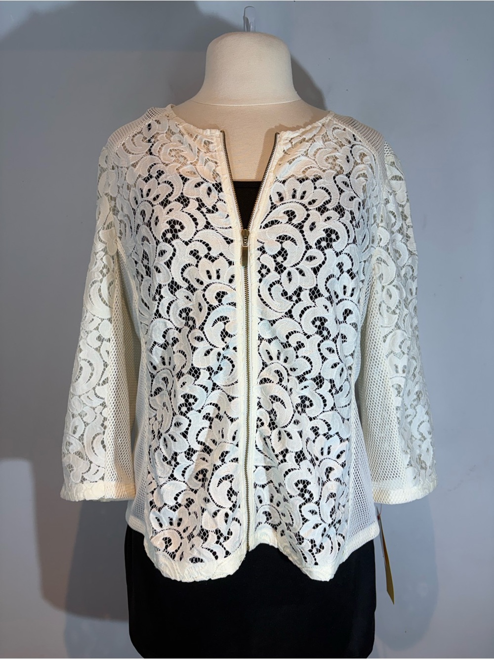 Chico’s White Floral Lace Mesh Zip Jacket Size 2 Large NWT